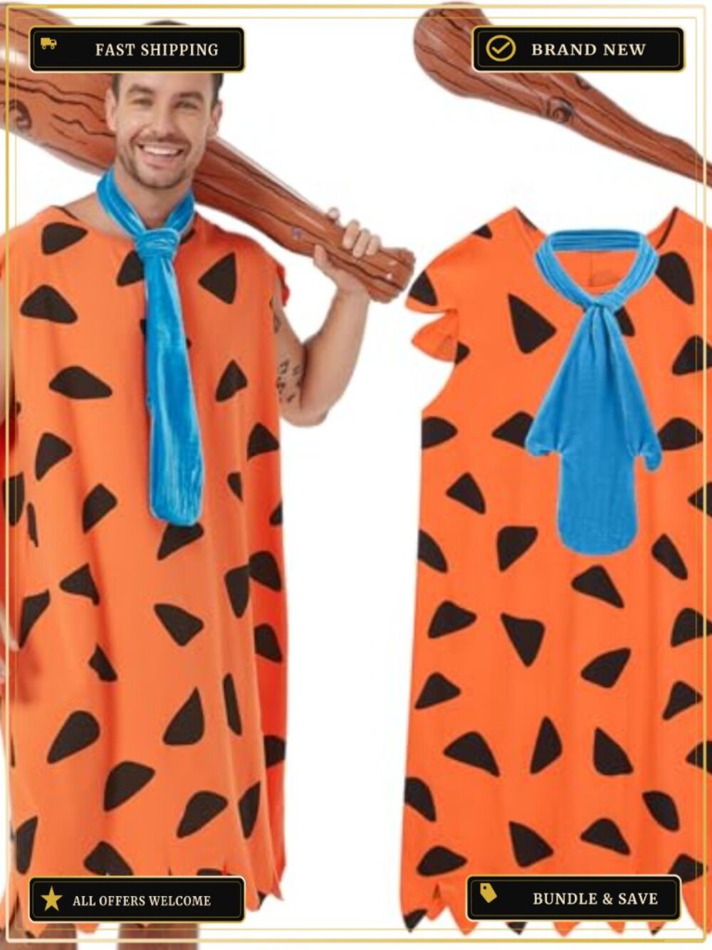 Caveman Halloween Costume Set Tunic Tie Inflatable Bat Adult Men